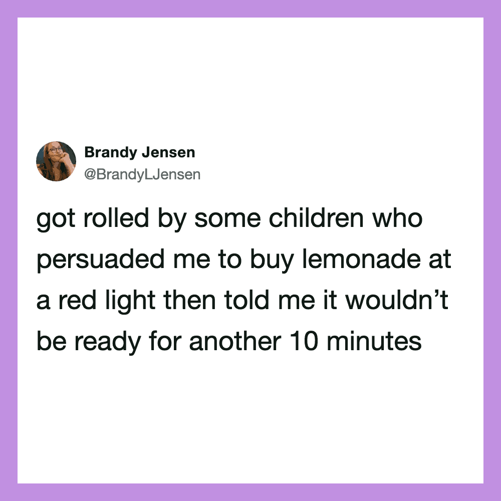 Brandy Jensen's tweet about children persuading her to buy lemonade at a red light.