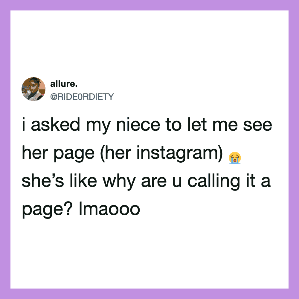 A tweet about asking a niece to see her Instagram page, with a crying emoji.