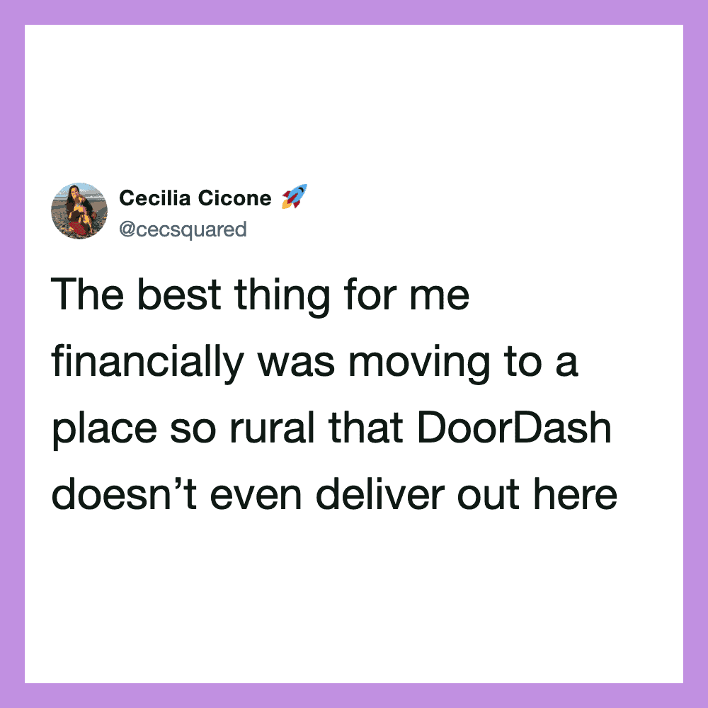 Cecilia Cicone's tweet about moving to a rural area where DoorDash doesn't deliver.