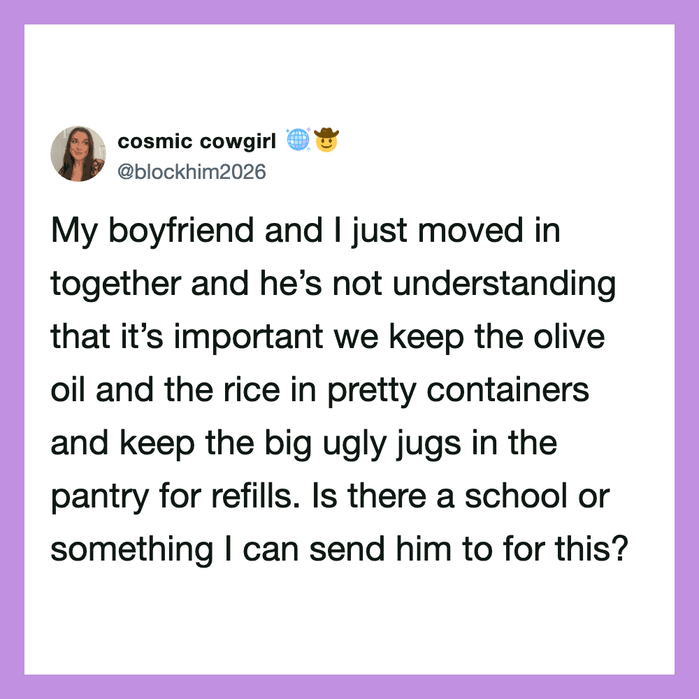 Woman's tweet about moving in with her boyfriend and concerns about food storage.