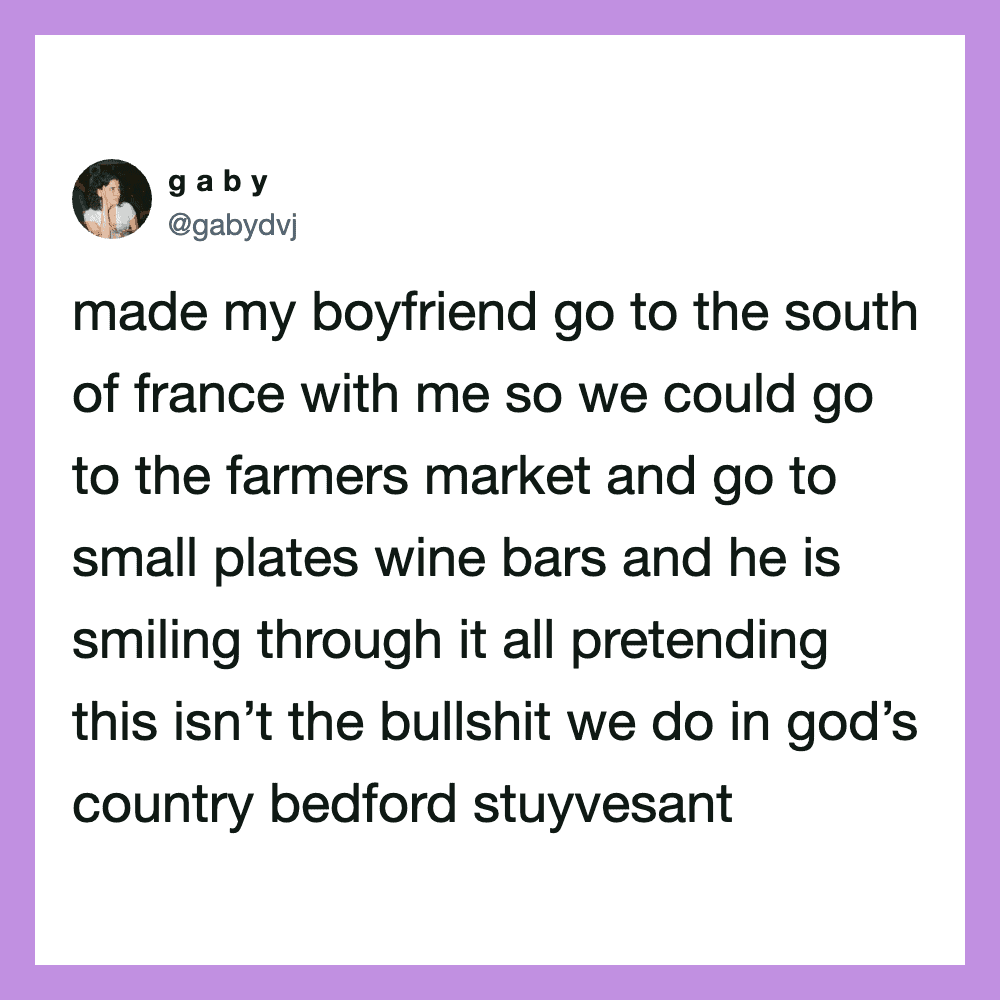 Woman's tweet about traveling to France and visiting markets and wine bars.