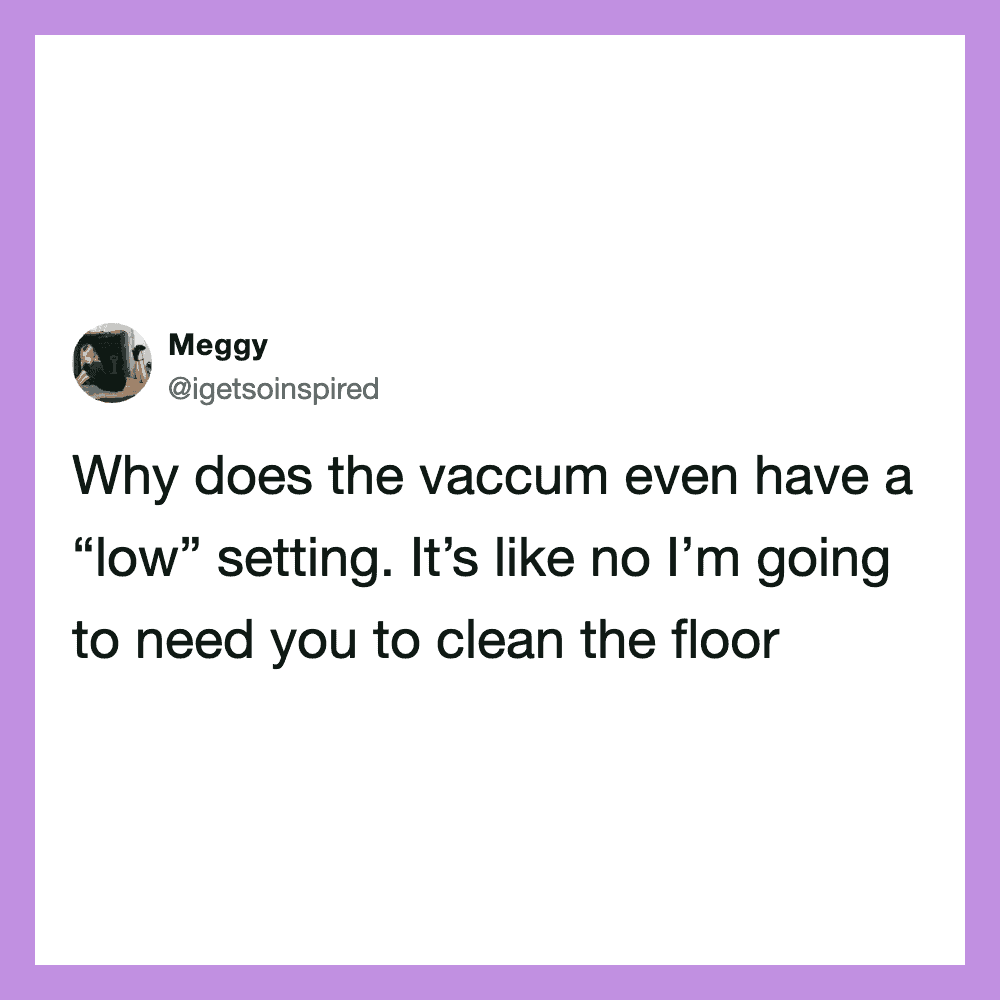 Tweet by Meggy questioning why vacuums have a low setting.