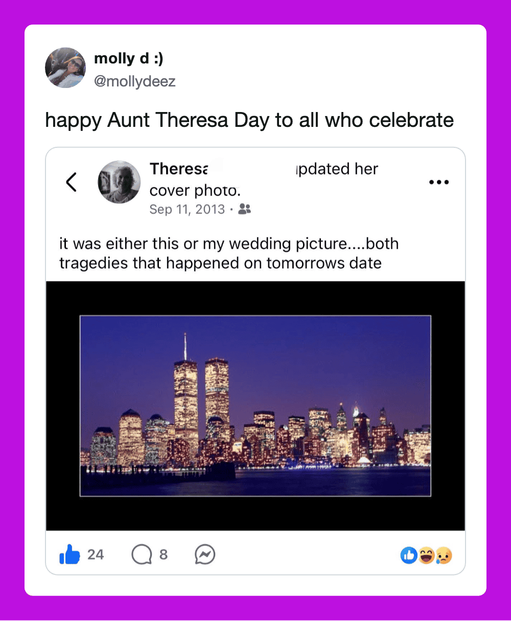 Facebook post celebrating Aunt Theresa Day with a photo of the Twin Towers at night.