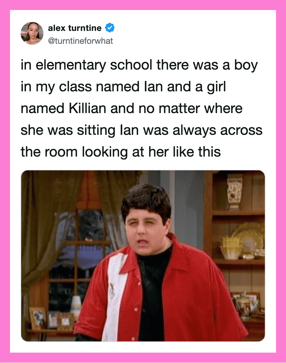 Boy in red jacket looking at girl in classroom, from 'women tweets' post.