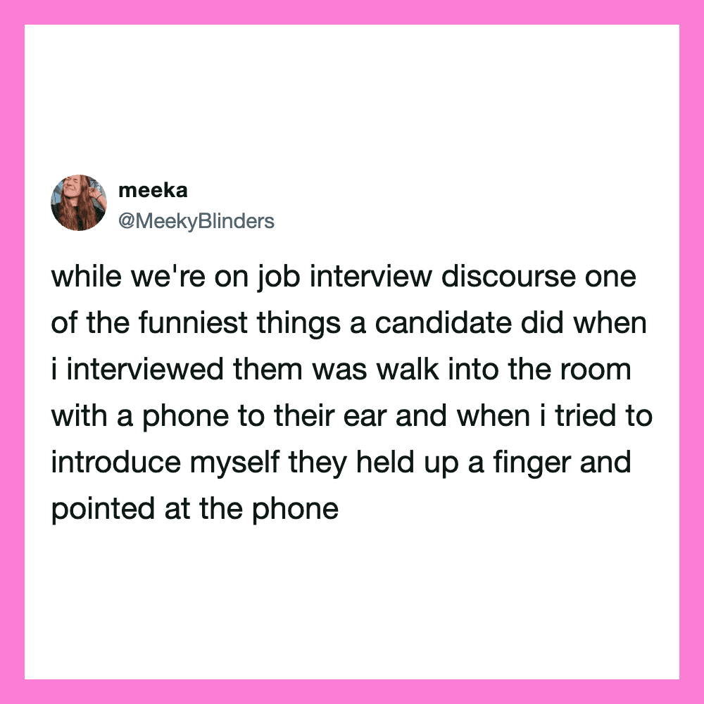 A tweet by meeka about a funny interview moment involving a phone and a finger.