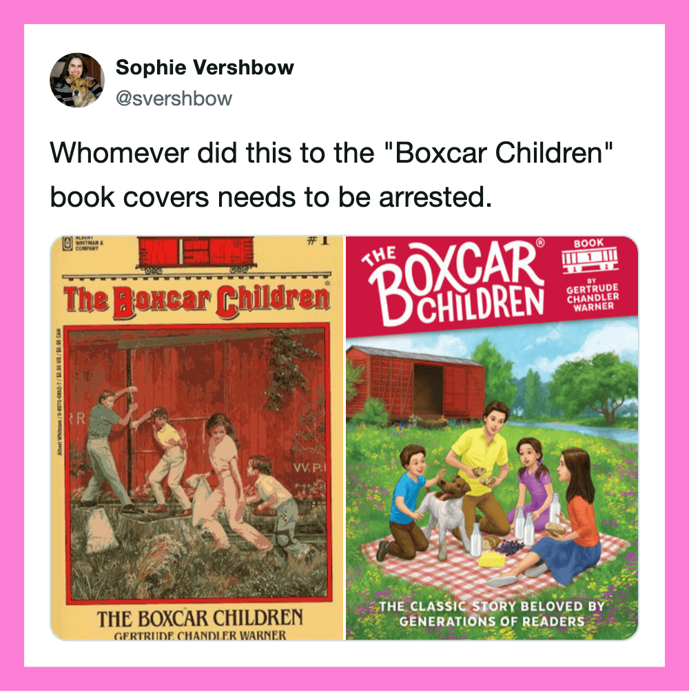 Comparison of original and modern 'Boxcar Children' book covers.