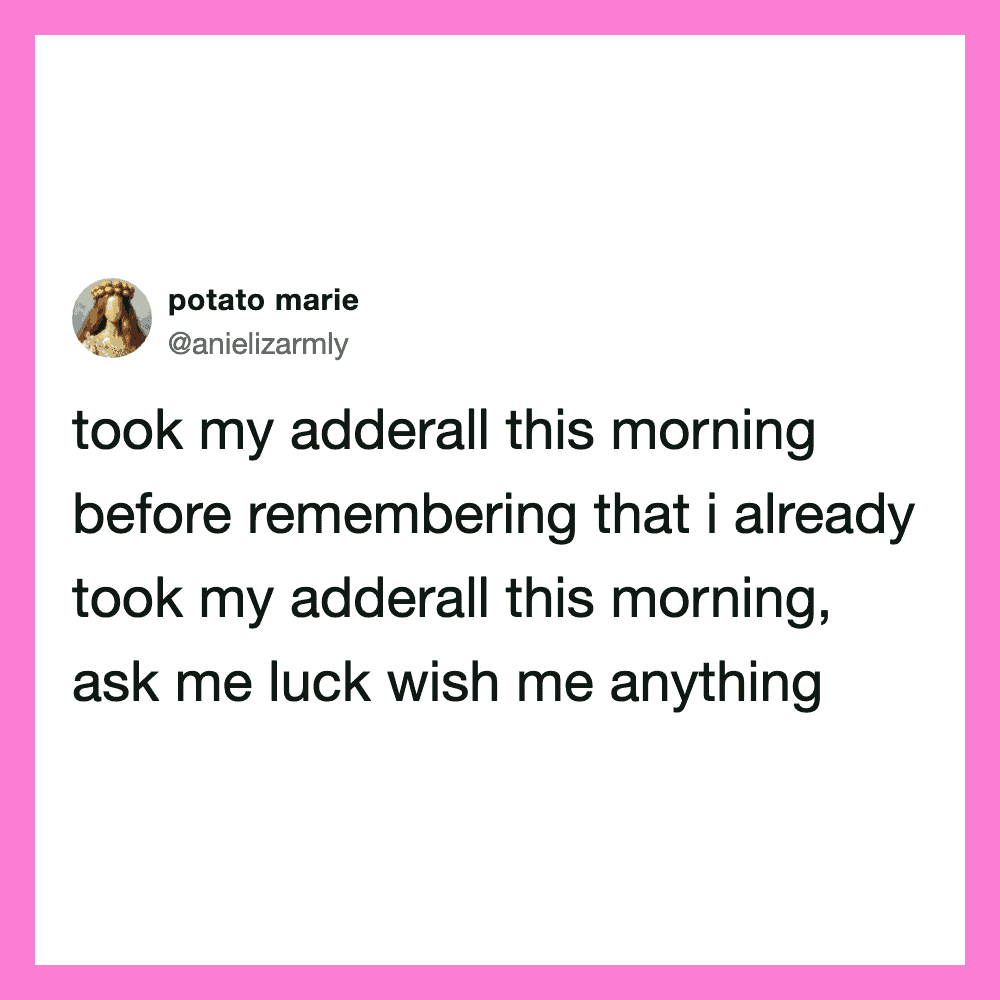 Twitter post by potato marie about taking adderall and asking for luck wishes.
