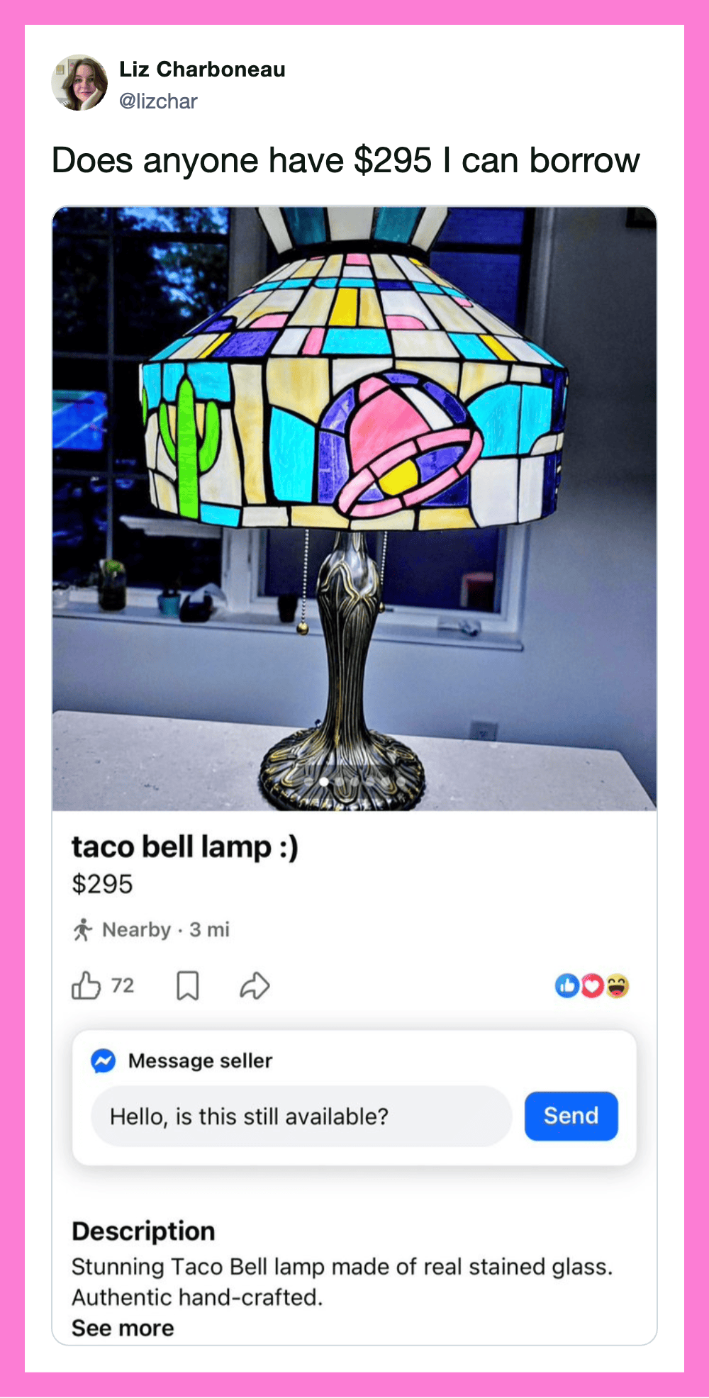 Taco Bell lamp made of stained glass with colorful taco design.