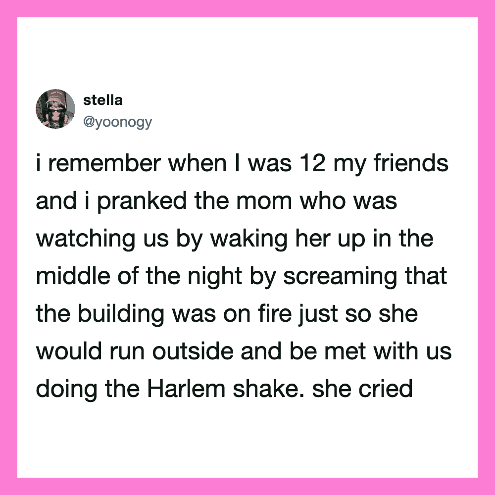 A tweet from Stella about pranking her mom at age 12 by setting a building on fire.