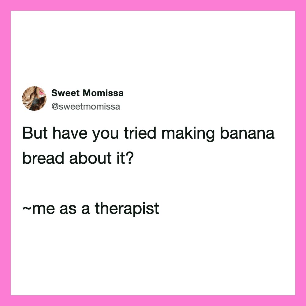Tweet by Sweet Momissa asking about making banana bread, with a humorous therapist comment.