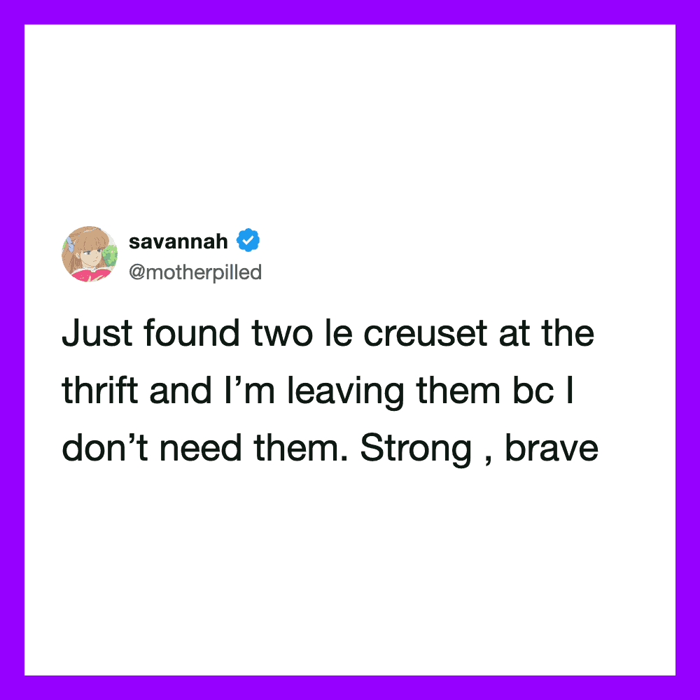 Twitter post by savannah about finding two le creuset at thrift store.