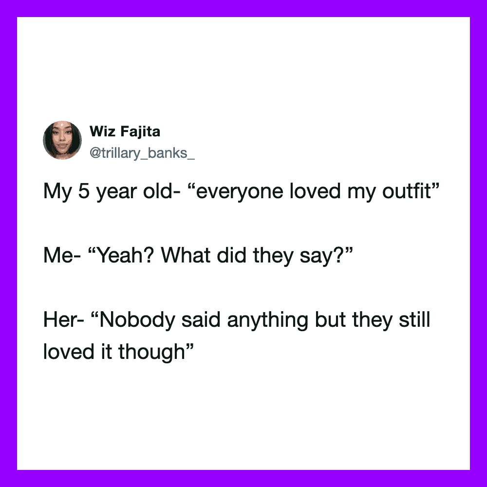 A tweet from Wiz Fajita about her 5-year-old outfit and her child's comments.