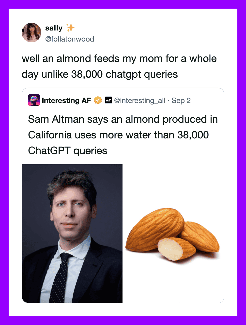 Woman tweets about her mom being fed almonds all day, referencing ChatGPT queries.
