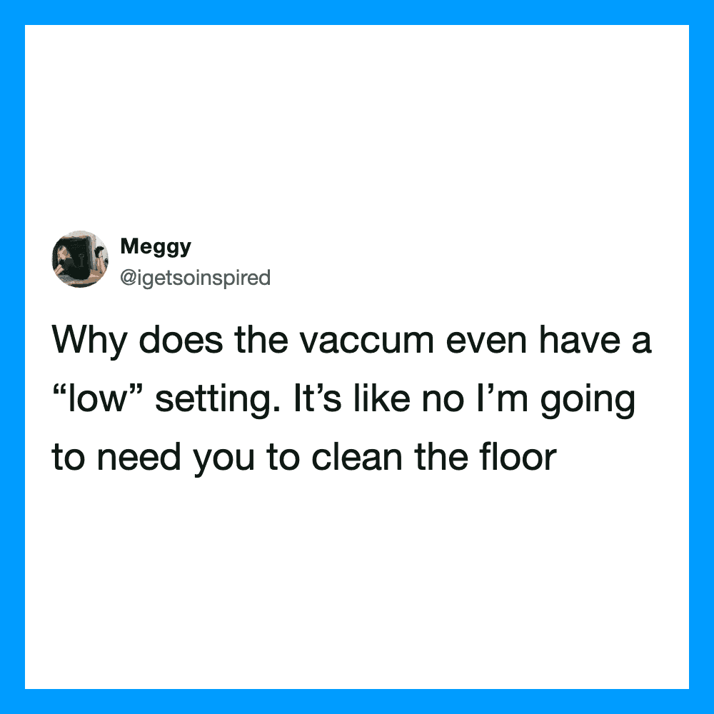Tweet by Meggy questioning why vacuums have a low setting.
