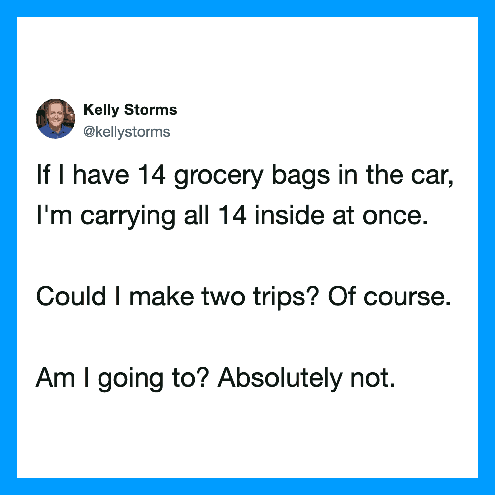 Kelly Storms tweet about carrying 14 grocery bags at once.