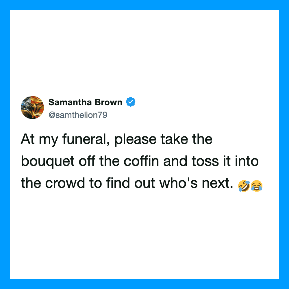 Samantha Brown's tweet about funeral humor with laughing emojis.