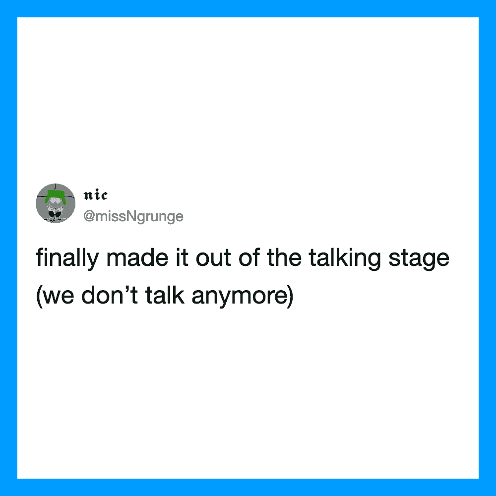 Funny tweet about a talking stage, no longer talking.