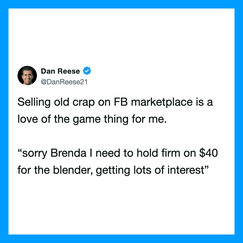 Dan Reese's tweet about selling old stuff on Facebook marketplace.