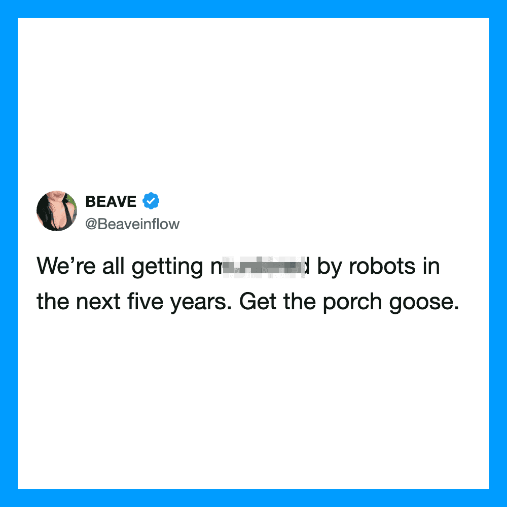 Screenshot of a tweet by BEAVE about robots and porch geese.