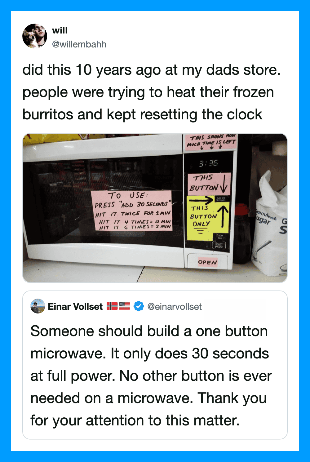 A microwave with handwritten notes and a one-button microwave suggestion.