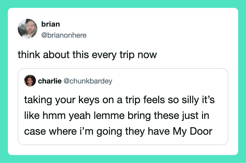 Twitter conversation about trip keys and bringing them in case of emergencies.