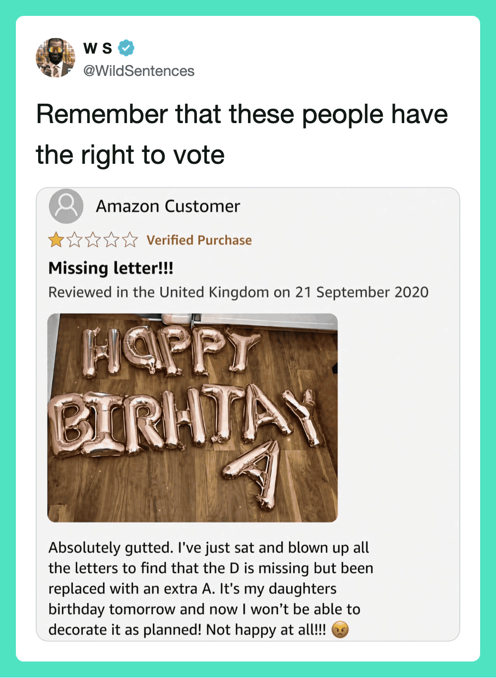 Twitter post about a missing letter D in birthday cake decorations.