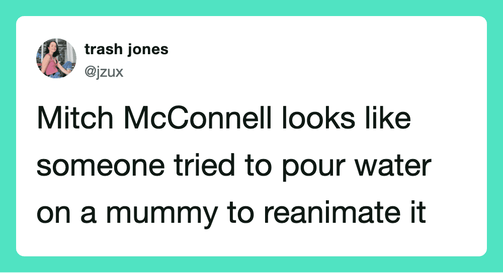 Mitch McConnell looks like someone tried to pour water on a mummy to reanimate it.