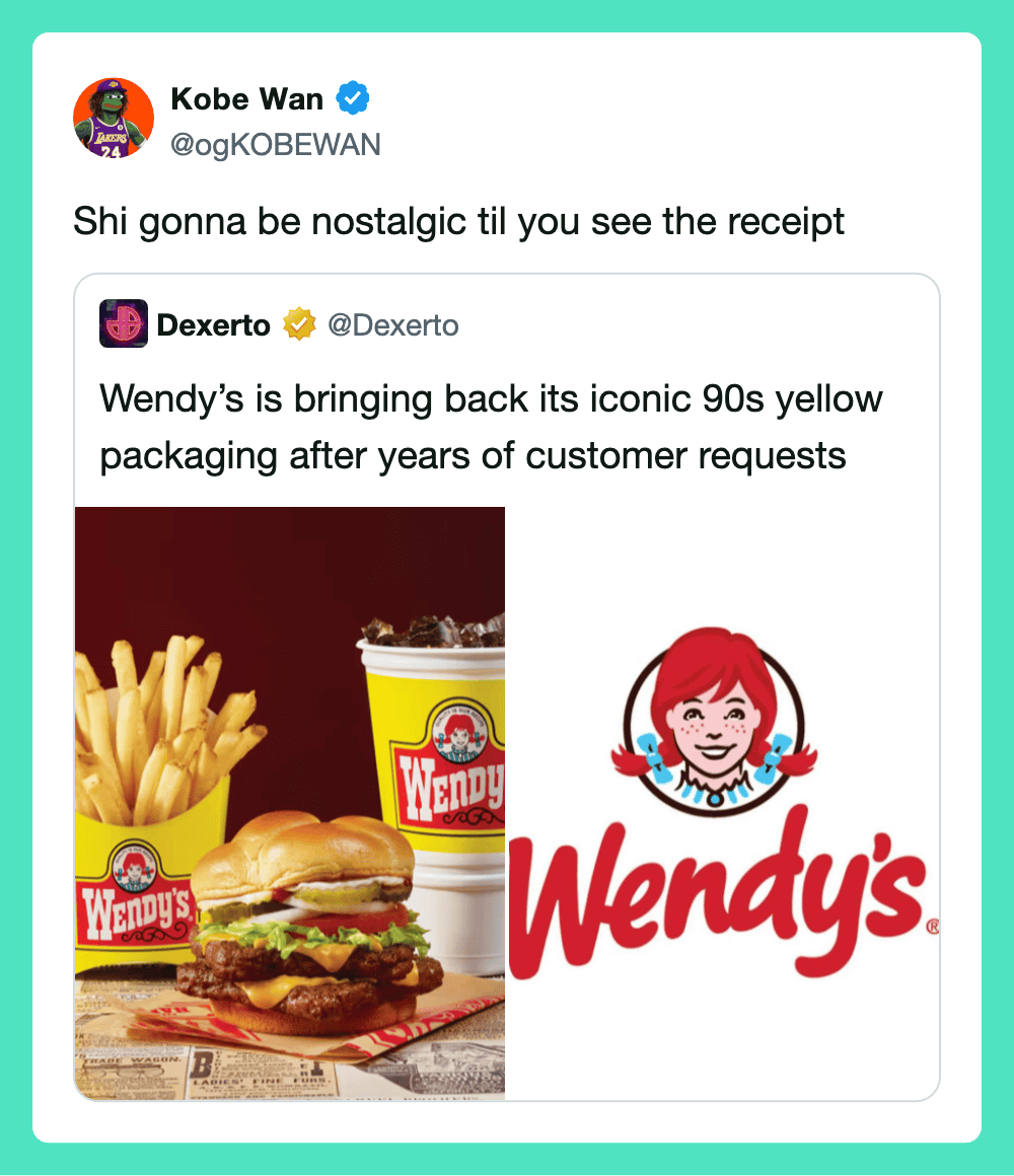 Kobe Wan's tweet about Wendy's nostalgic 90s yellow packaging with burger, fries, and drink.