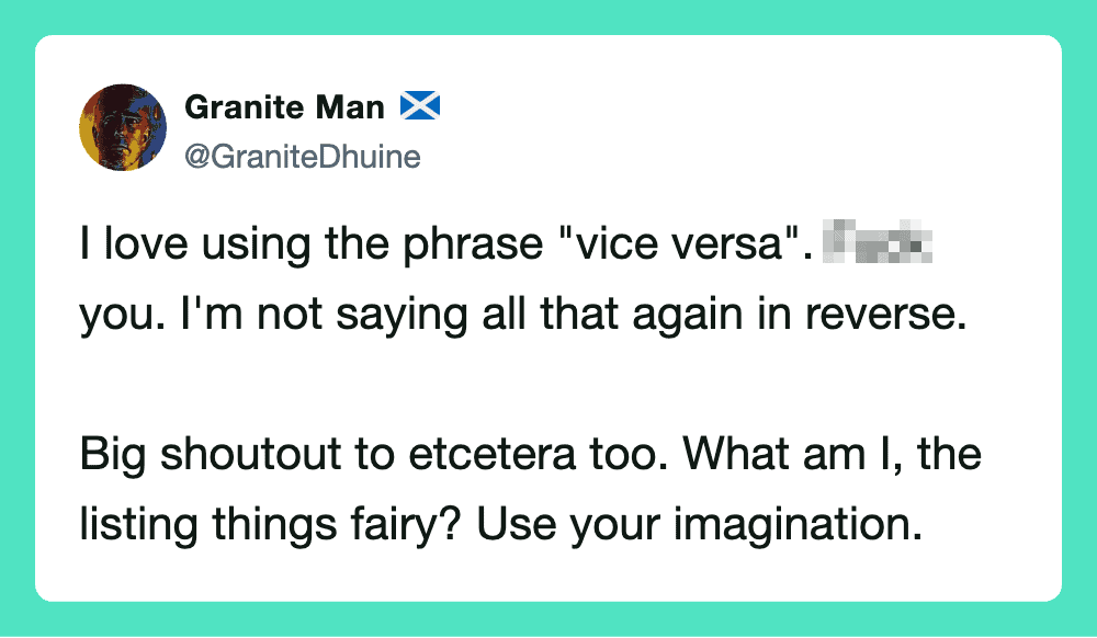 Tweet about using 'vice versa' phrase and shoutout to etcetera.