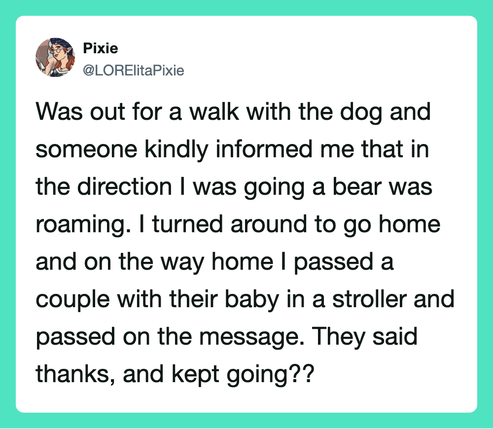 A tweet about walking with a dog and passing a stroller with a baby.