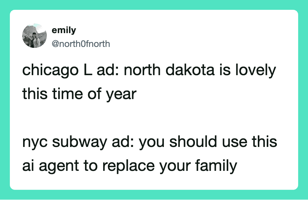 Twitter post comparing Chicago and North Dakota ads and subway AI agent suggestion.