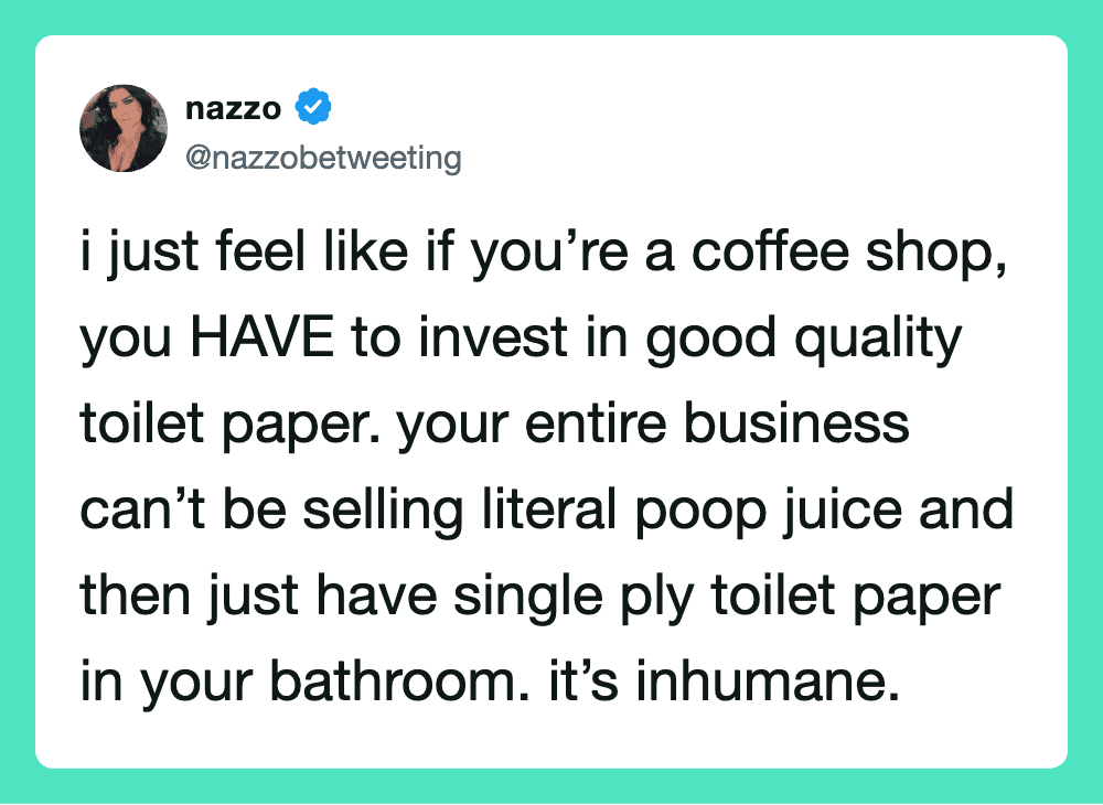 Twitter post by nazzzo about investing in toilet paper for coffee shops.