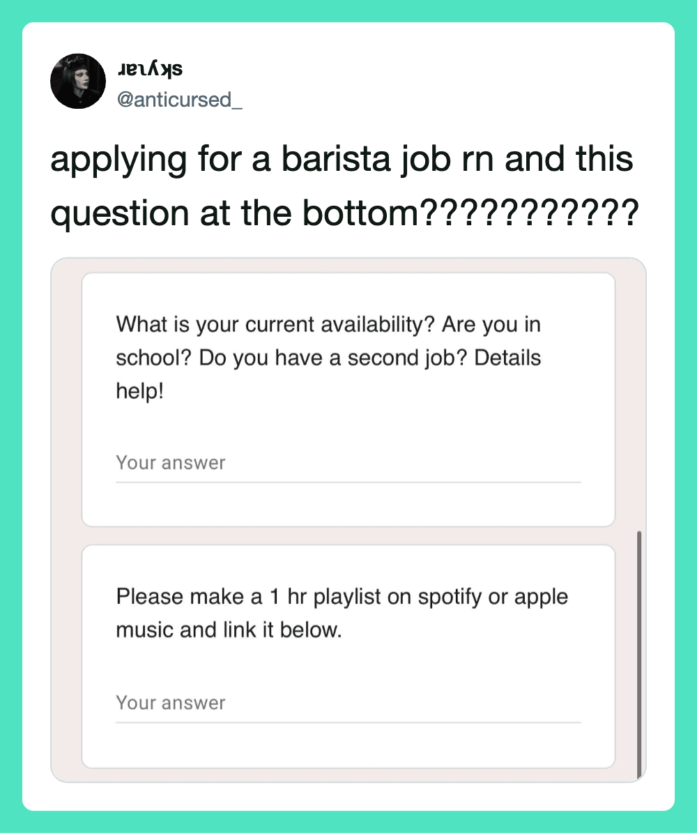Applying for a barista job, asking about availability and playlist links.