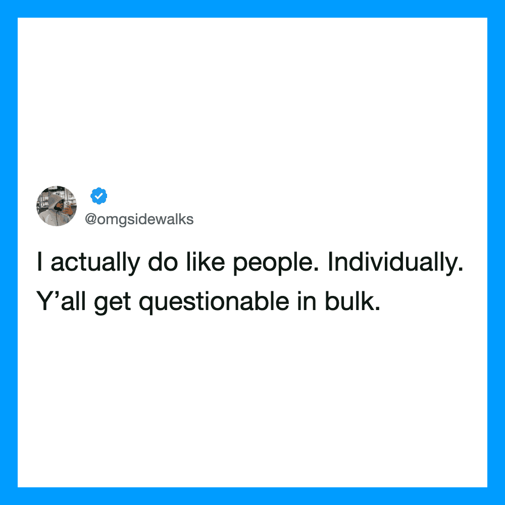 Twitter post by @omgsidewalks about liking people individually.