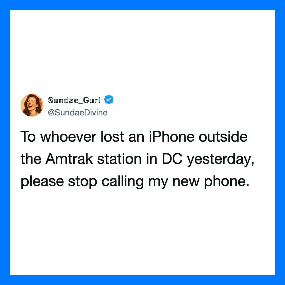 Sundae_Gurl's tweet about lost iPhone outside Amtrak station in DC.