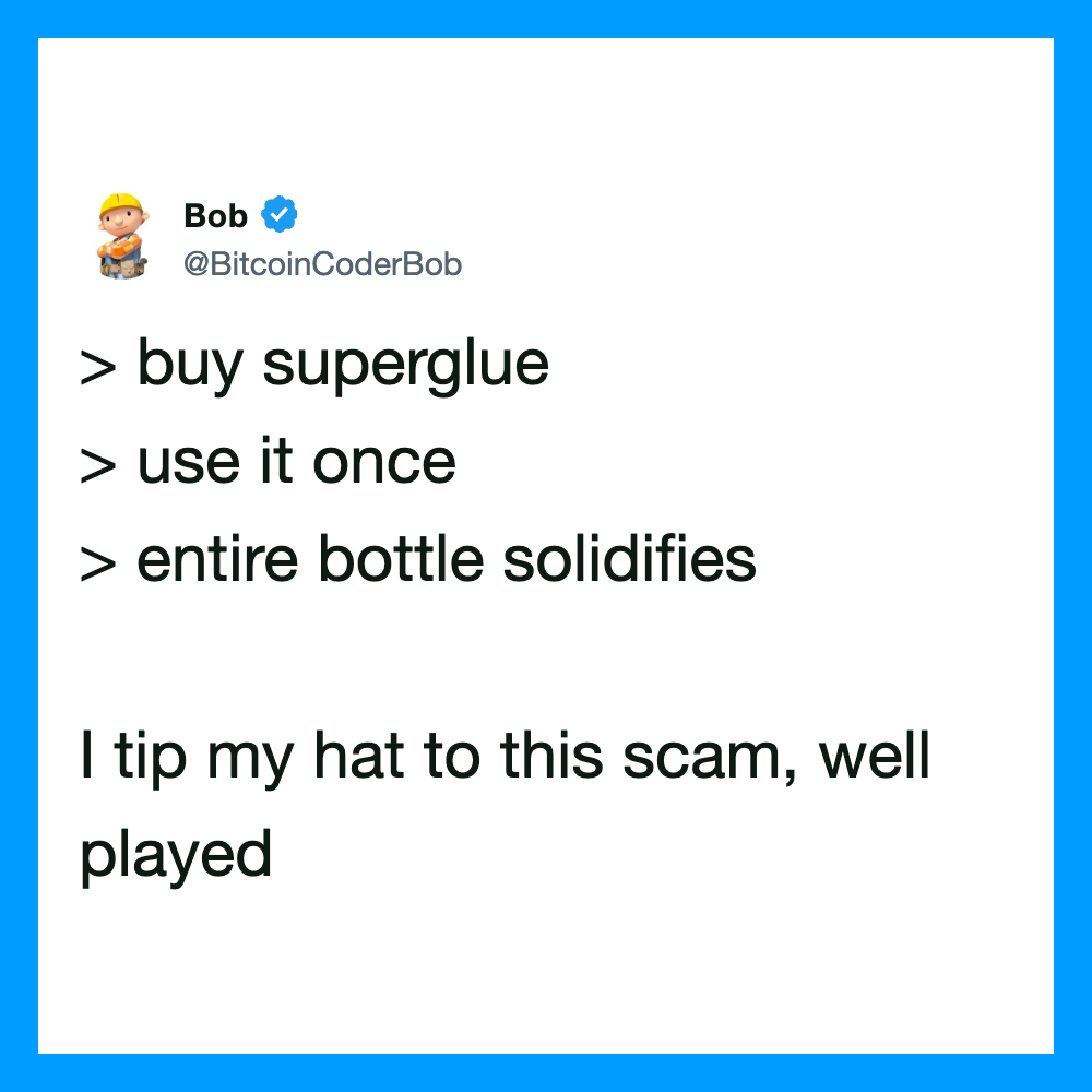 Tweet by Bob about superglue, tips, and a scam warning.