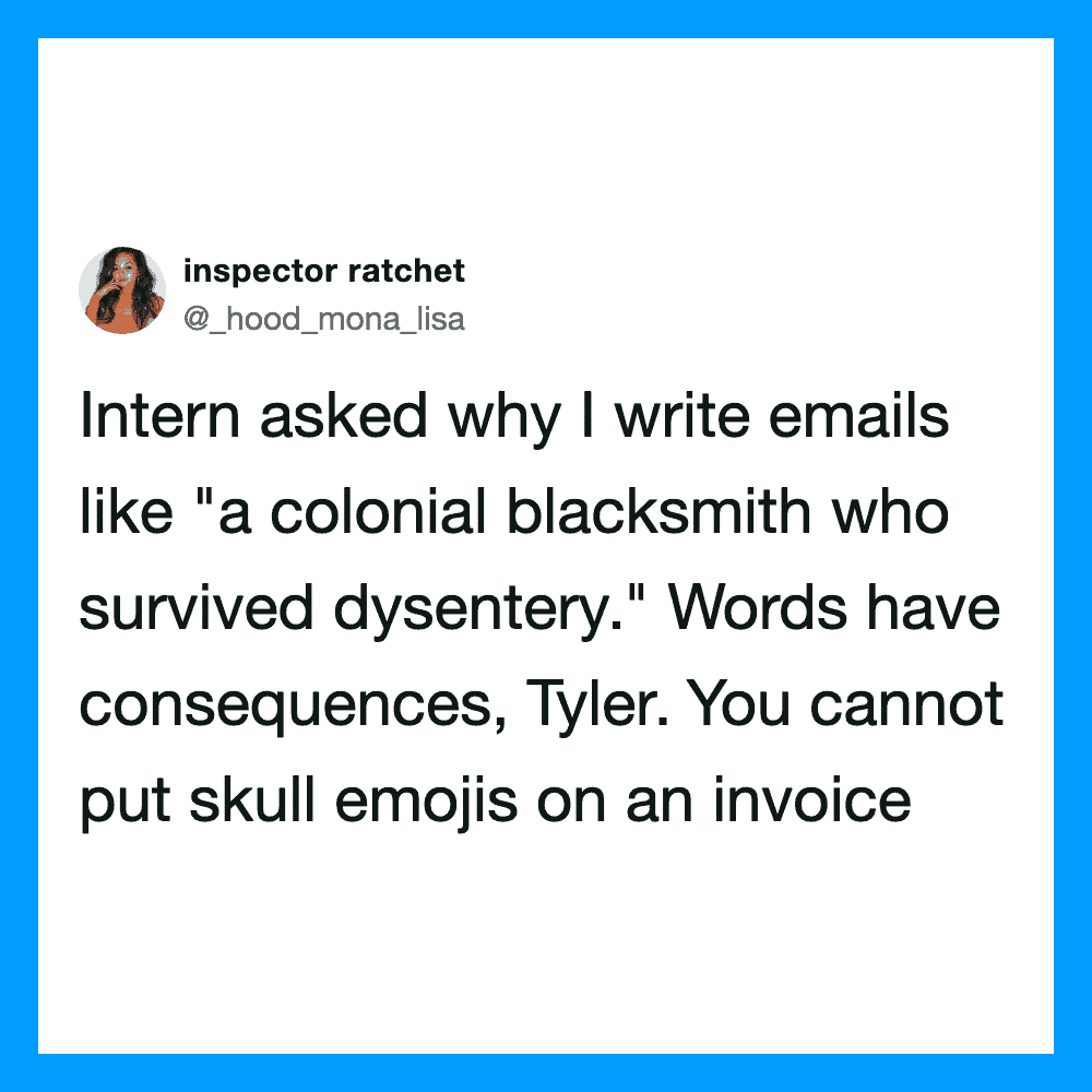Twitter post by inspector ratchet about writing emails with a humorous tone.