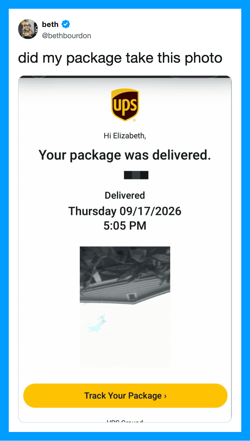 Screenshot of a package delivery notification from UDS, showing delivery details and a photo.