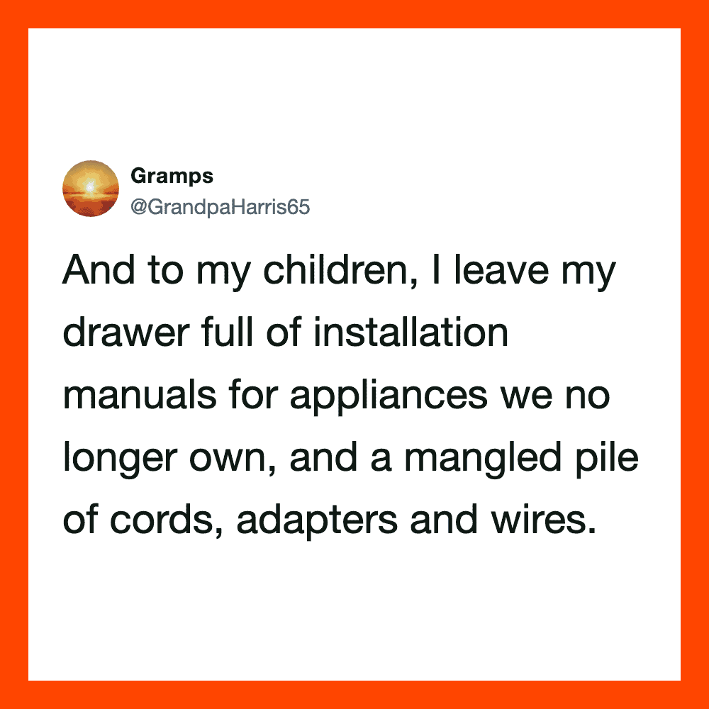 Twitter post by Gramaps about leaving installation manuals and tangled cords for children.