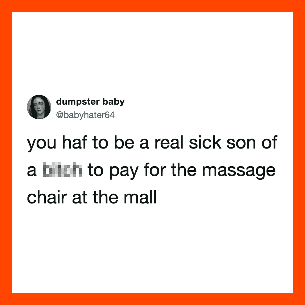 Tweet about paying for a massage chair at the mall, with a blurred word.