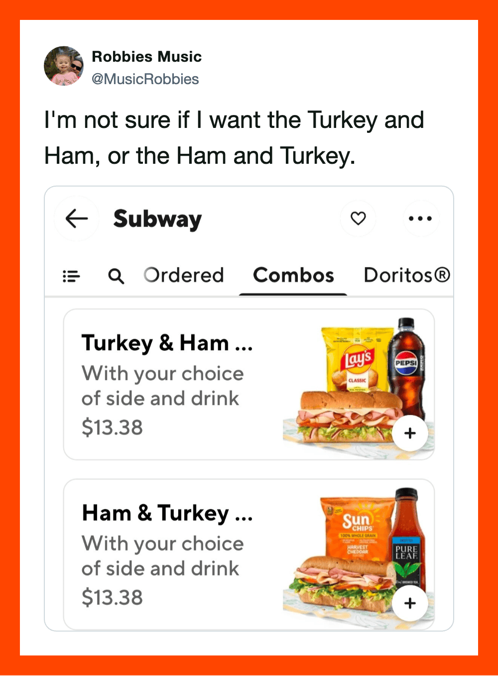 Funny tweet about Turkey and Ham sandwiches from Robbies Music.