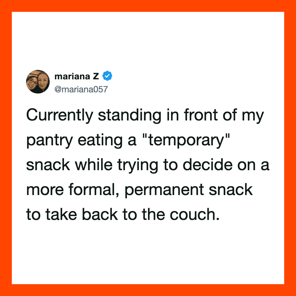 Mariana Z's tweet about eating a snack in front of her pantry.