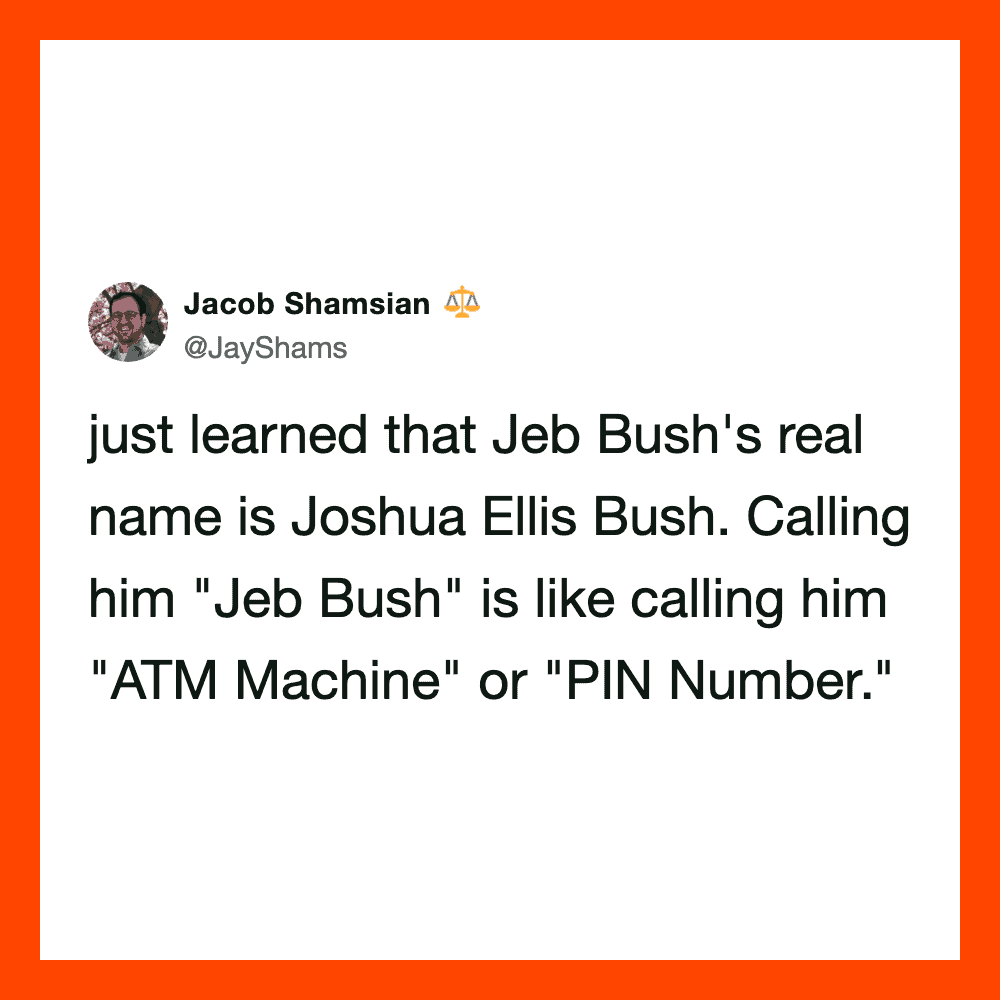 Tweet about Jeb Bush's real name being Joshua Ellis Bush.