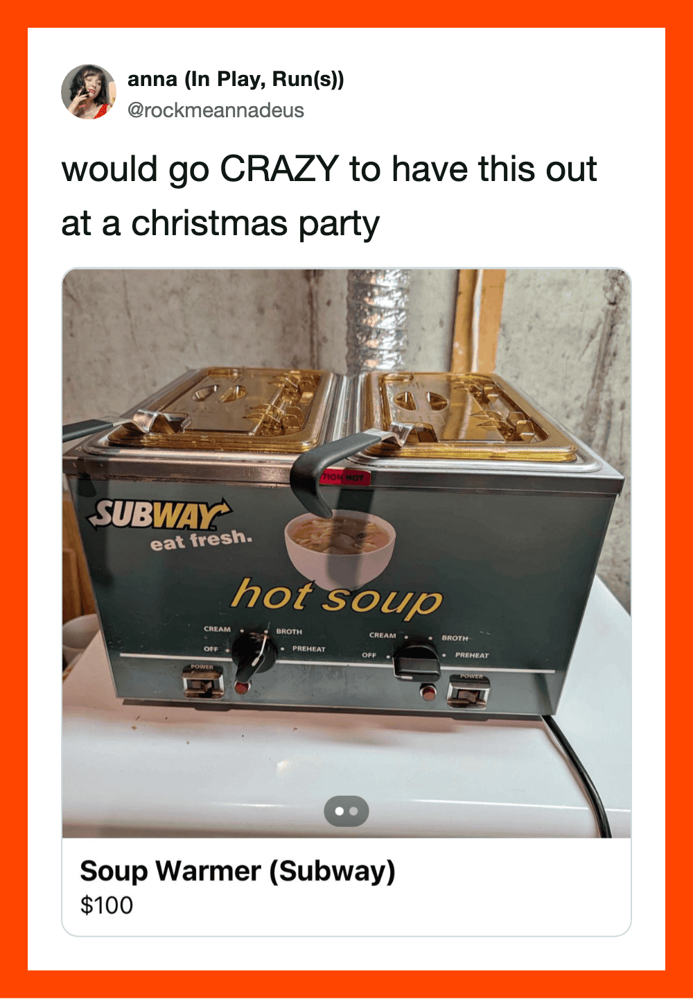Soup Warmer (Subway) with hot soup, $100, in a store setting.