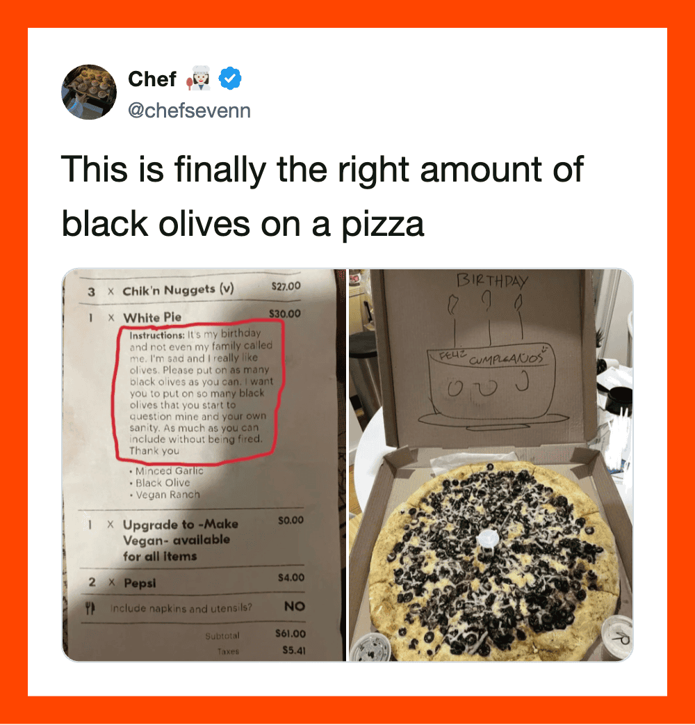 A pizza with black olives and a handwritten birthday card with a cake drawing.