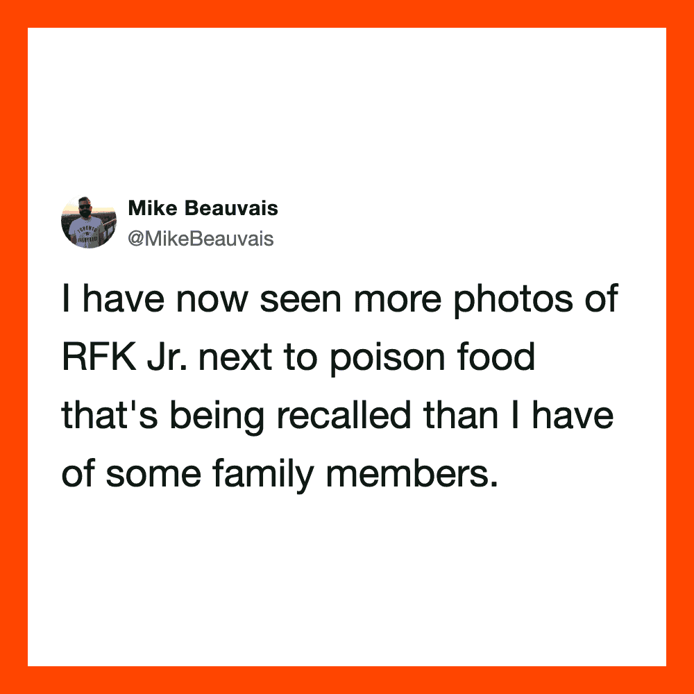 Tweet by Mike Beauvais about seeing photos of RFK Jr. next to poison food.