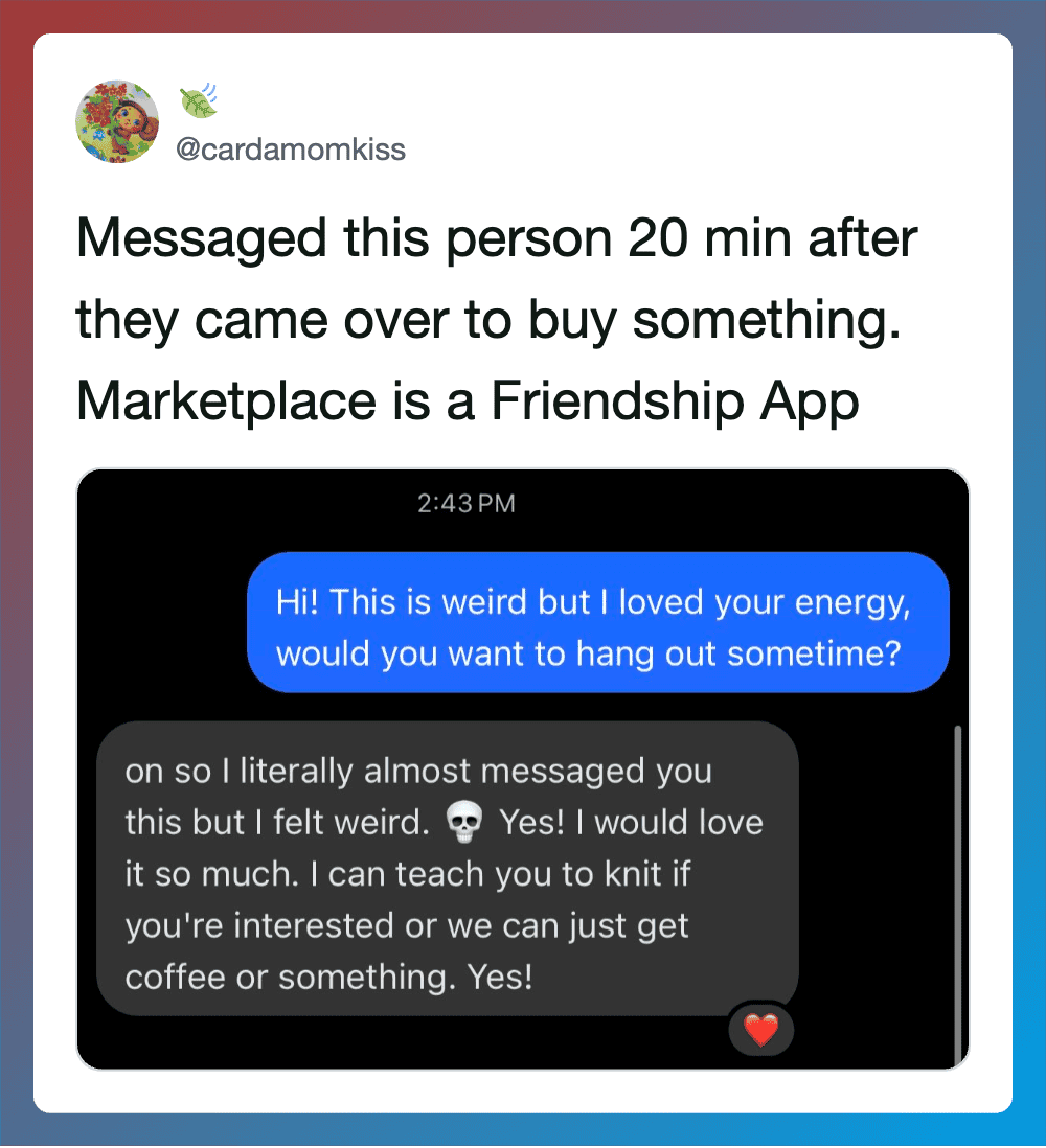 Screenshot of a social media post about messaging someone after a marketplace visit.