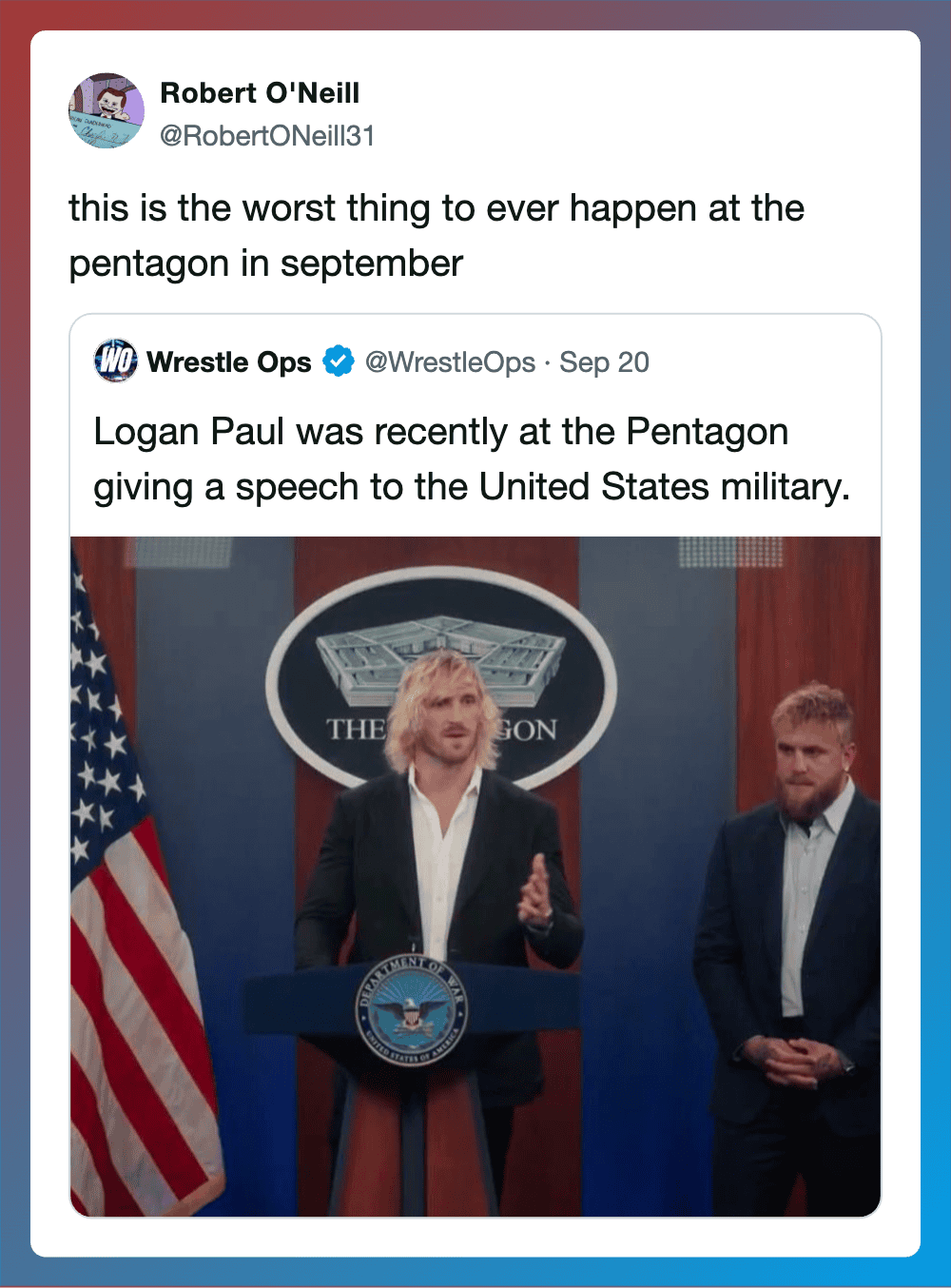 Logan Paul giving a speech at the Pentagon, with a man standing beside him.