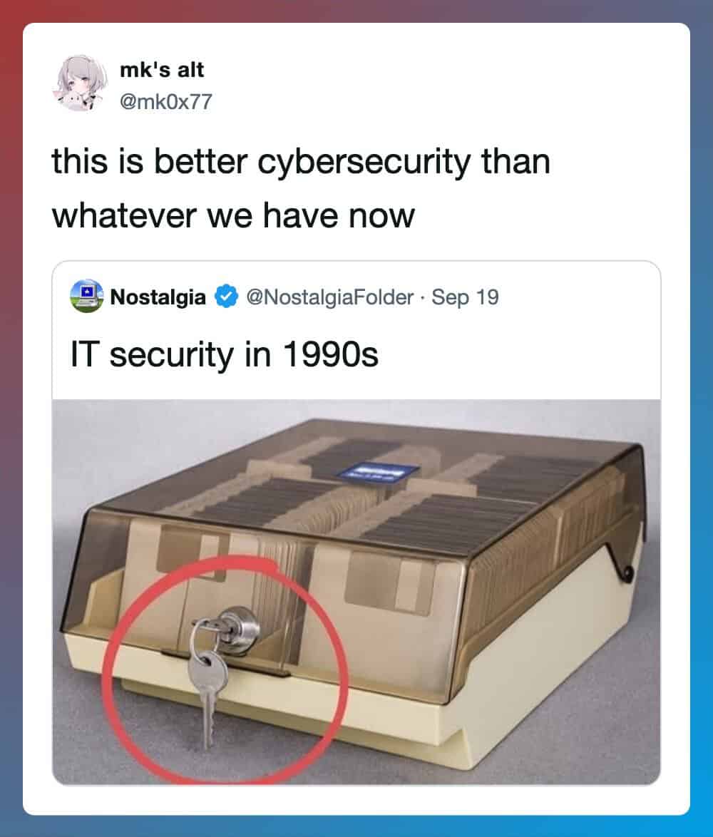 Comparison of 1990s IT security with modern cybersecurity, showing a safe with a key.