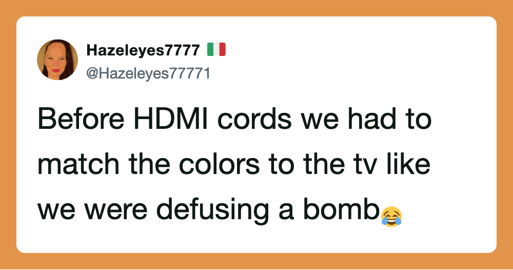 Twitter post by Hazeleyes7777 about HDMI cords and matching TV colors.